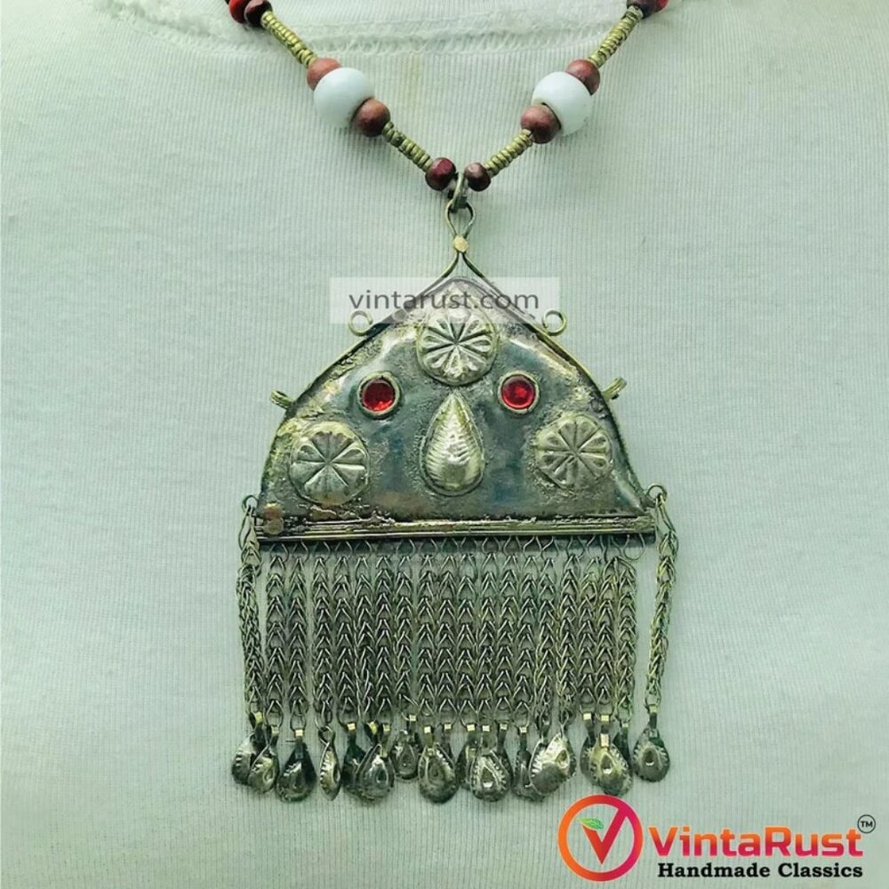 Vintage Tribal Pendant Necklace: Wooden Beads, Antique Metal Charms